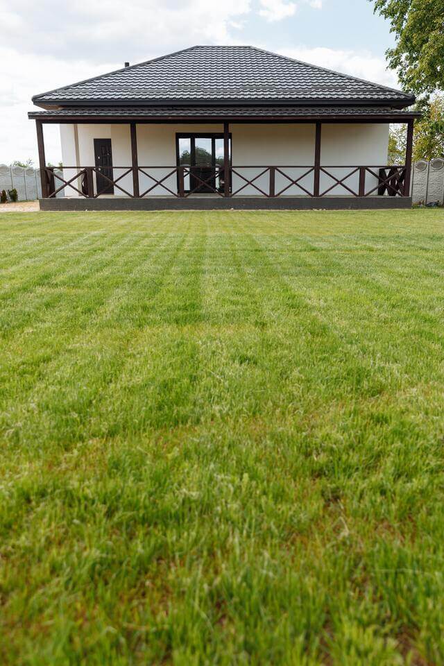 Fresh cut lawn in front of a small house